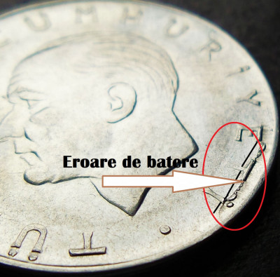 Moneda 1 LIRA - TURCIA, anul 1979 *cod 1846 B = UNC + ERORI de BATERE foto