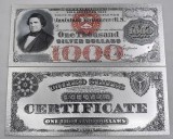 S.U.A. 1000 DOLARI 1878 SILVER CERTIFICATE (REPLICA/REPRODUCERE/SUVENIR/DECORATIVA) POLIMER (PLASTIC) PLACATA CU ARGINT 999&permil;
