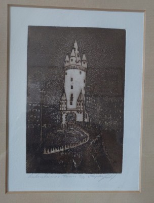 Tablou gravura originala Turnul Eschenheimer Frankfurt, editie limitata 5/50, semnata foto