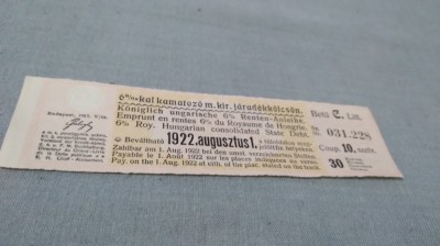 CUPOANE DE TREZORERIE CU REDUCERE 1922 UNGARIA foto