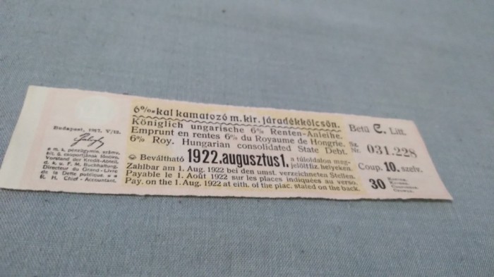 CUPOANE DE TREZORERIE CU REDUCERE 1922 UNGARIA