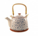 Ceainic Ceramic cu maner din bambus, Albastru, 800 ml, Teapot