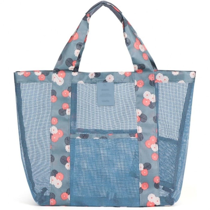 Geanta de plaja, flippy, din plasa transparenta, imprimeu floral, 43 x 10 x 33 cm, model pentru umar, lungime inferioara 33 cm, albastru