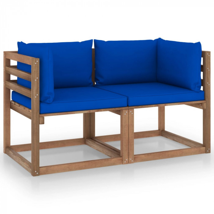 Canapea din paleti de gradina 2 locuri perne albastre, lemn pin GartenMobel Dekor