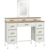 HOMCOM Masă de toaletă cu oglindă și lumini LED 3 culori, masă de machiaj 10 sertare din material textil, 118,5 x 39,5 x 140 cm natural | Aosom Romani