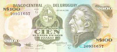 Bancnota Uruguay 100 Nuevos Pesos (1987) - P62A UNC ( serie G ) foto