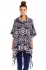 Poncho Cardigan Dama Bleumarin cu Franjuri, Guler Inalt &amp; Maneci 3/4. Bumbac Universal S-L