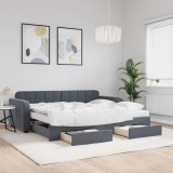 vidaXL Pat de zi cu extensie și sertare gri &icirc;nchis 90x200 cm catifea