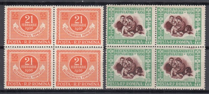 ROMANIA 1956 LP 403 RECENSAMANTUL POPULATIEI SERIA IN BLOC DE 4 TIMBRE STARE MNH