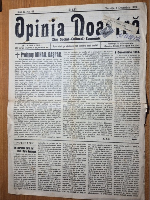 ziarul opinia noastra - un an de la marea unire, moartea protopului mihail gaspar , ziar din oravita