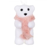 Ornament Brad Crăciun, Ursuleț Spumă, Fular Roz, 11 cm, Alb, Oem