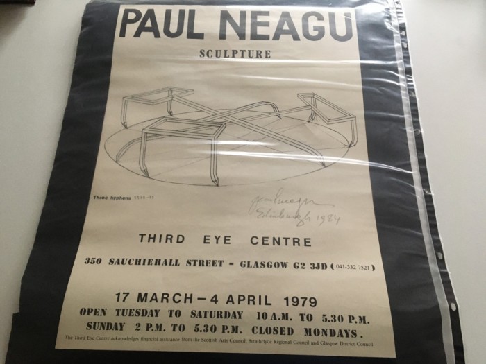 PAUL NEAGU, AFIS SEMNATURA OLOGRAFA &rdquo;THREE HYPHENS&rdquo;, FORMAT MARE 62 X 45 CM. EDITAT DE THIRD EYE CENTER 1979