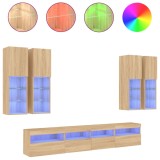 Cumpara ieftin Comode TV de perete cu lumini LED, 7 piese, stejar sonoma