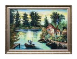 Cumpara ieftin Tablou peisaj cu pescar pictat manual inramat, 80x60cm ulei pe panza, Stefan Bilibou