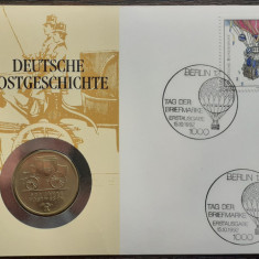 GERMANIA DEMOCRATA - FDC SI MONEDA UNC 5 MARK 1990, 500 ANI SERVICIUL POSTAL