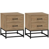 HOMCOM Set de 2 Noptiere cu 2 Sertare din Lemn și Oțel, 40x39.5x48 cm, Lemn Natural | Aosom Romania