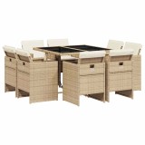 Cumpara ieftin Set de masa pentru gradina, 9 piese, cu perne, bej, poliratan