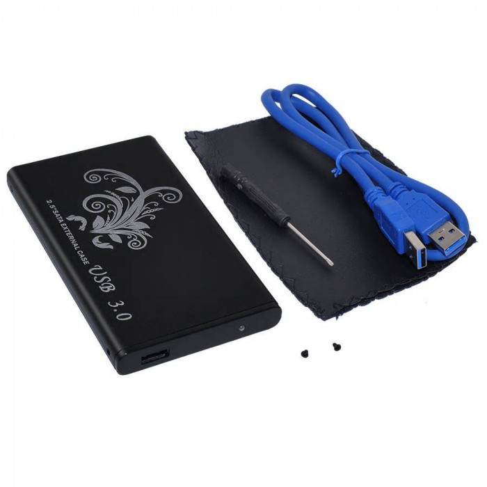 Carcasa HDD 2.5&quot; SATA USB Type C 3.1 include surubelnita cablu husa piele artificiala negru