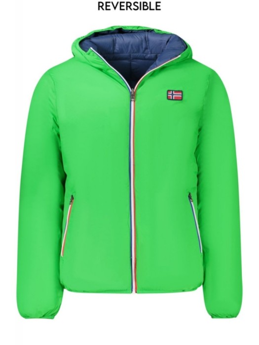Geaca cu doua fete barbati, cu 2 buzunare exterioare, cu gluga, logo, verde si bleumarin, S