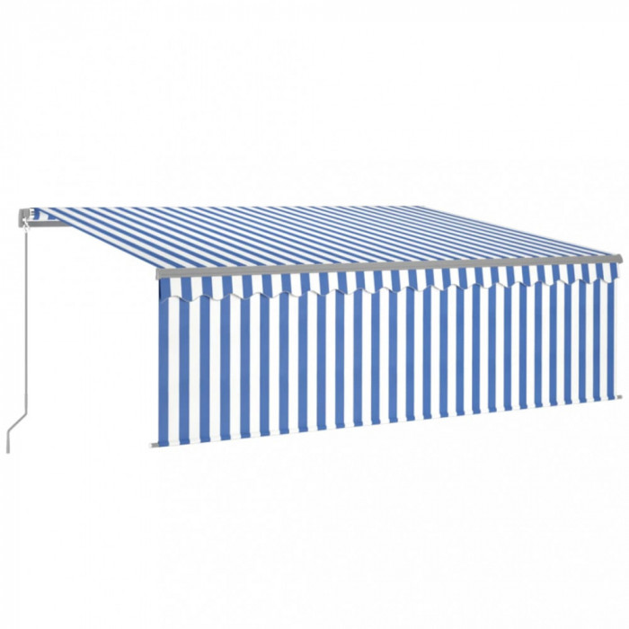 Copertină retractabilă manual cu stor, albastru &amp; alb, 4x3 m