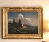 Ulei pe p&acirc;nză, peisaj montan o lucrare foarte veche &icirc;ncadrata Intr o rama din lemn masiv Baroc
