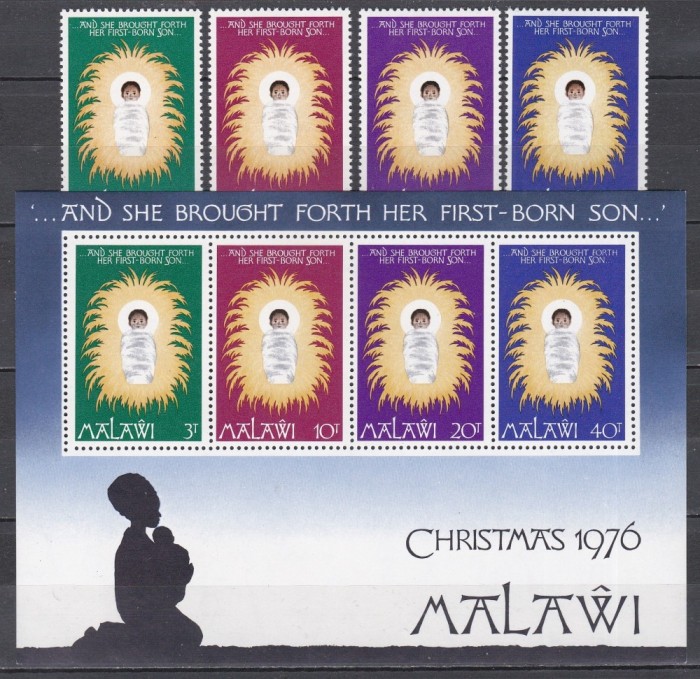 Malawi 1976 - Crăciun - &bdquo;... și a născut pe primul ei fiu ...&rdquo;, Serie + Bloc, MNH