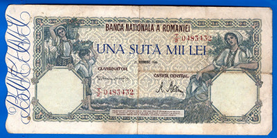 (57) BANCNOTA ROMANIA - 100.000 LEI 1946 (21 OCTOMBRIE 1946), FILIGRAN ORIZONTAL foto