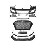 Set bara fata AUDI A3 (8V), 06.2012-07.2016, cu gauri spalator; grunduit, de vopsit; type RS3; cu grile, cu spoiler; cu suport numar inmatriculare, c