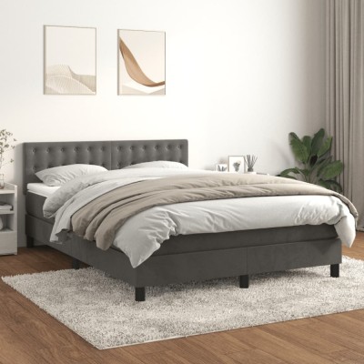 vidaXL Pat box spring cu saltea, gri &amp;icirc;nchis, 140x200 cm, catifea 3141546 foto