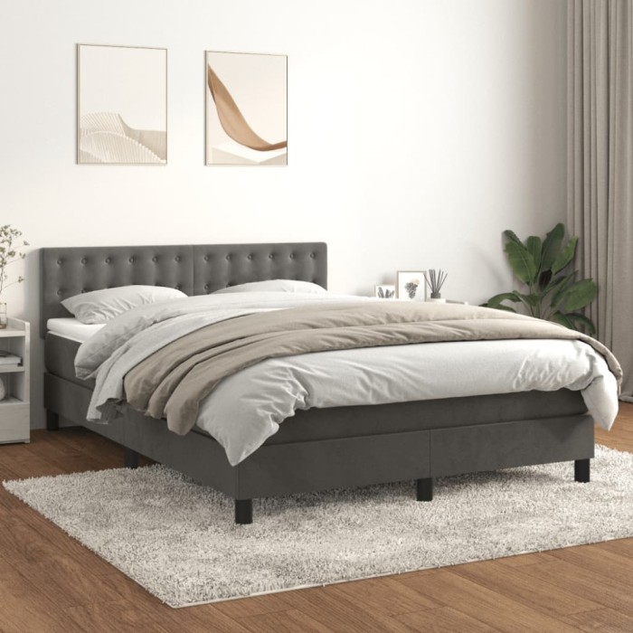 vidaXL Pat box spring cu saltea, gri &icirc;nchis, 140x200 cm, catifea