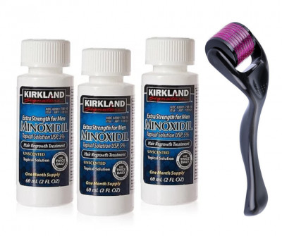 Minoxidil Kirkland 5%, 3 Luni Aplicare + Dermaroller, Tratament Pentru Barba / Scalp foto