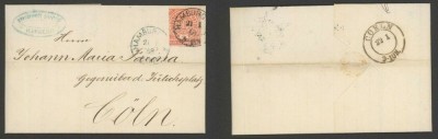 Germany North Conf 1868 Postal History Rare Cover+Content Hamburg to Koln DB.539 foto
