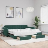 vidaXL Pat de zi cu extensie și sertare verde &icirc;nchis 90x200 cm catifea