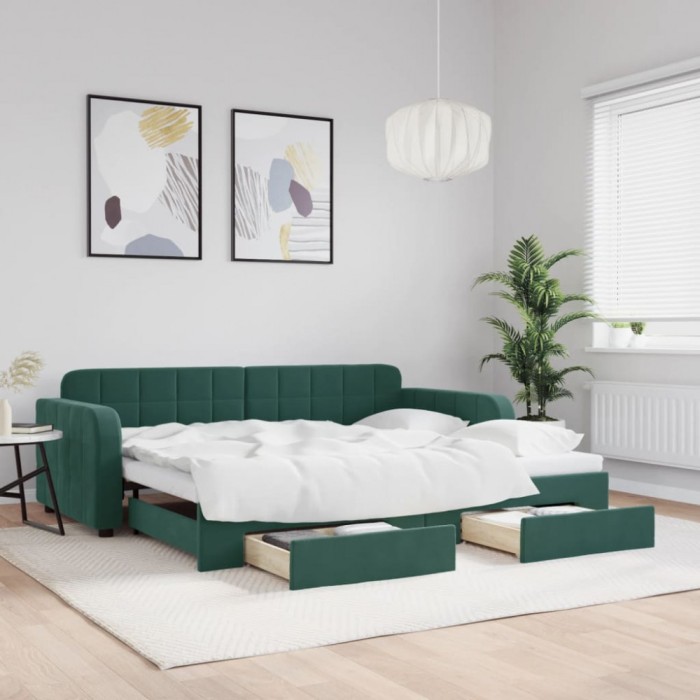 vidaXL Pat de zi cu extensie și sertare verde &icirc;nchis 90x200 cm catifea 3196979