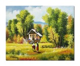 Tablou peisaj cu casa si tarancute pictat manual, Amintiri din copilarie, 50x40cm ulei pe panza
