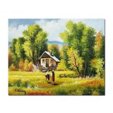 Tablou peisaj cu casa si tarancute pictat manual, Amintiri din copilarie, 50x40cm ulei pe panza