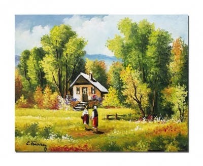 Tablou peisaj cu casa si tarancute pictat manual, Amintiri din copilarie, 50x40cm ulei pe panza foto