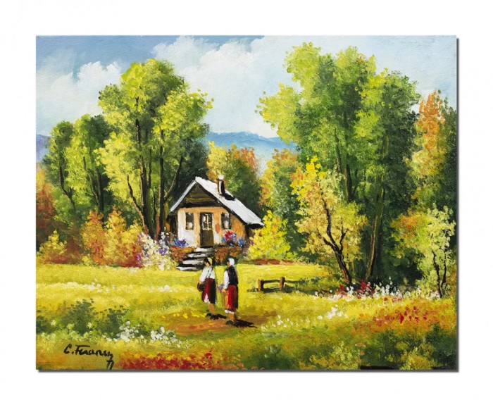 Tablou peisaj cu casa si tarancute pictat manual, Amintiri din copilarie, 50x40cm ulei pe panza