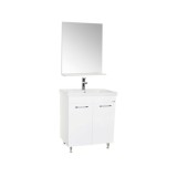Set mobilier baie GN0541, front MDF, cu lavoar ceramic, 60 cm, 2 usi, 2 rafturi, picioare cromate reglabile, balamale soft close si oglinda cu polita