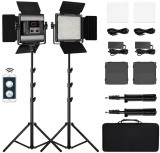 Cumpara ieftin Kit iluminare foto-video profesional cu 2 panouri LED Bi-Color, control prin aplicatie, 2300K-6800K, CRI97+, trepiede reglabile si geanta transport
