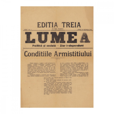 Publicația &amp;bdquo;Lumea&amp;rdquo;, An I, Nr. 3 - Condițiile Armistițiului, 30 octombrie 1918 foto