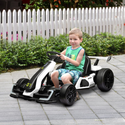 Kart electric HOMCOM pentru copii cu v&amp;acirc;rsta &amp;icirc;ntre 6-12 ani 24V 12km/h cu scaun reglabil, Drift Go-kart cu claxon, lumini si muzica, de cloare alb foto