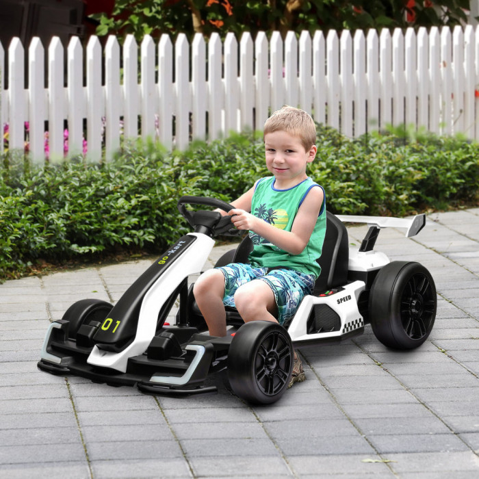 Kart electric HOMCOM pentru copii cu v&acirc;rsta &icirc;ntre 6-12 ani 24V 12km/h cu scaun reglabil, Drift Go-kart cu claxon, lumini si muzica, de cloare alb