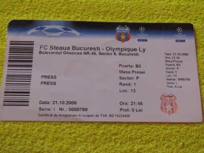 Bilet meci-presa STEAUA Bucuresti - OLYMPIQUE Lyon (21.10.2008) foto