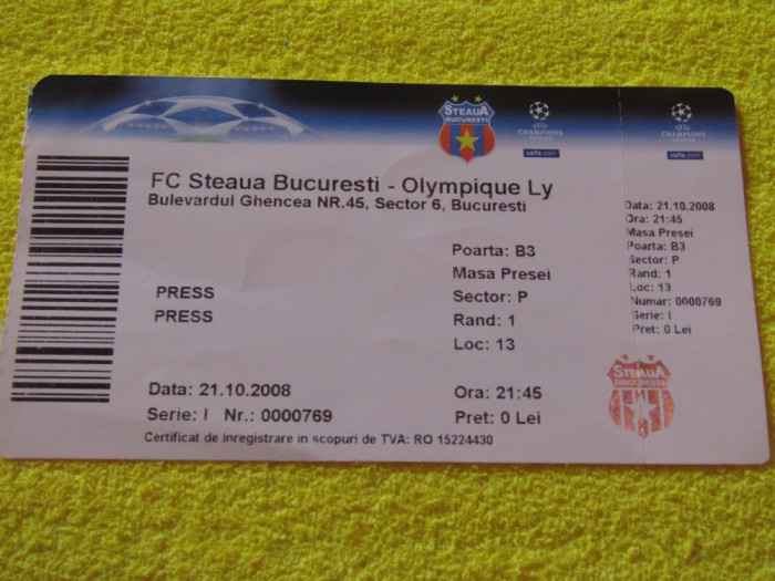 Bilet meci-presa STEAUA Bucuresti - OLYMPIQUE Lyon (21.10.2008)