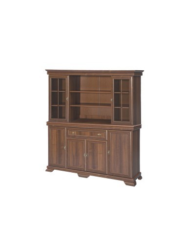 Set comoda living VM4, 4 usi, un sertar si vitrina suprapozabila VMN5, 2 usi, 2 polite, Pal melaminat, cu insertii MDF, Nuc