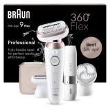 Epilator Braun Silk-&eacute;pil 9 9-360 Flex 360&deg; Wet &amp;amp; Dry, Smart Touch, 40 de pensete, 2 viteze, Trimmer pentru fata, Cap de ras + Pieptene, Cap pentru