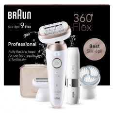 Epilator Braun Silk-épil 9 9-360 Flex 360° Wet &amp; Dry, Smart Touch, 40 de pensete, 2 viteze, Trimmer pentru fata, Cap de ras + Pieptene, Cap pentru