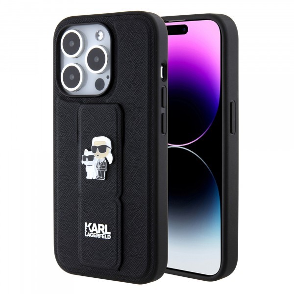 Husa MagSafe pentru Apple iPhone 15 Pro, Karl Lagerfeld, Saffiano Gripstand Karl &amp; Choupette, Neagra