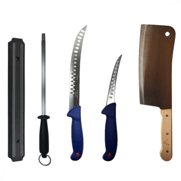 Set profesional de macelarie, fasonat, transat, degresat, dezosat, 2 cutite, suport magnetic, satar, masat pentru ascutit